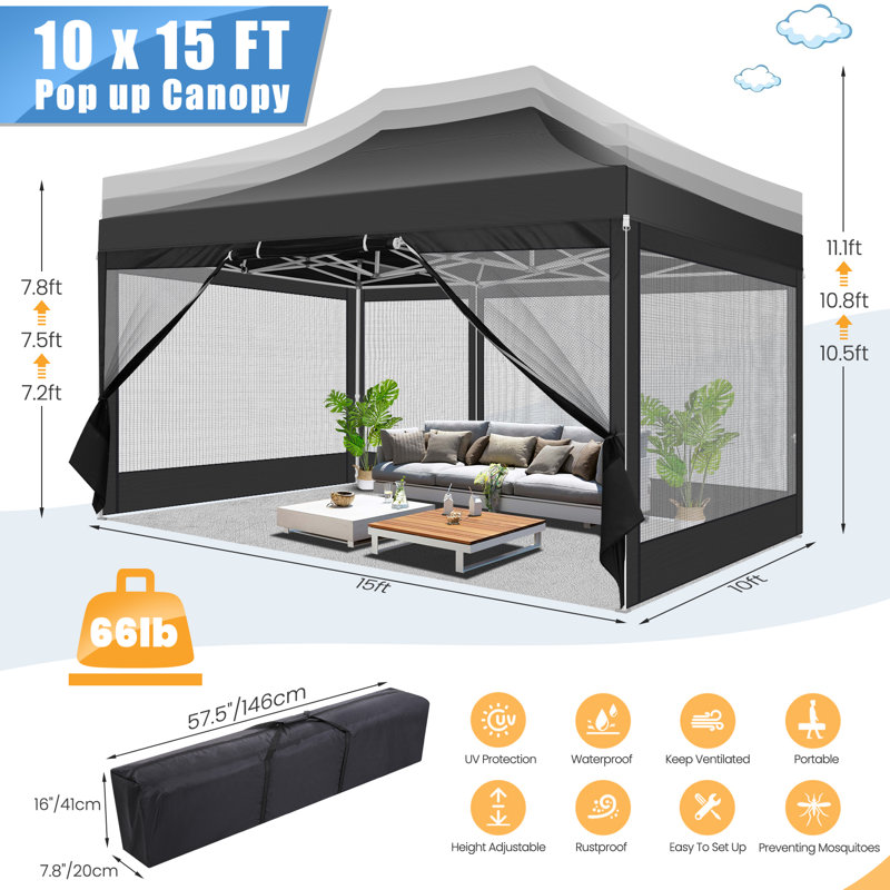 15 Ft. W x 10 Ft. D Metal Pop-up Canopy with 4 sidewalls, Black