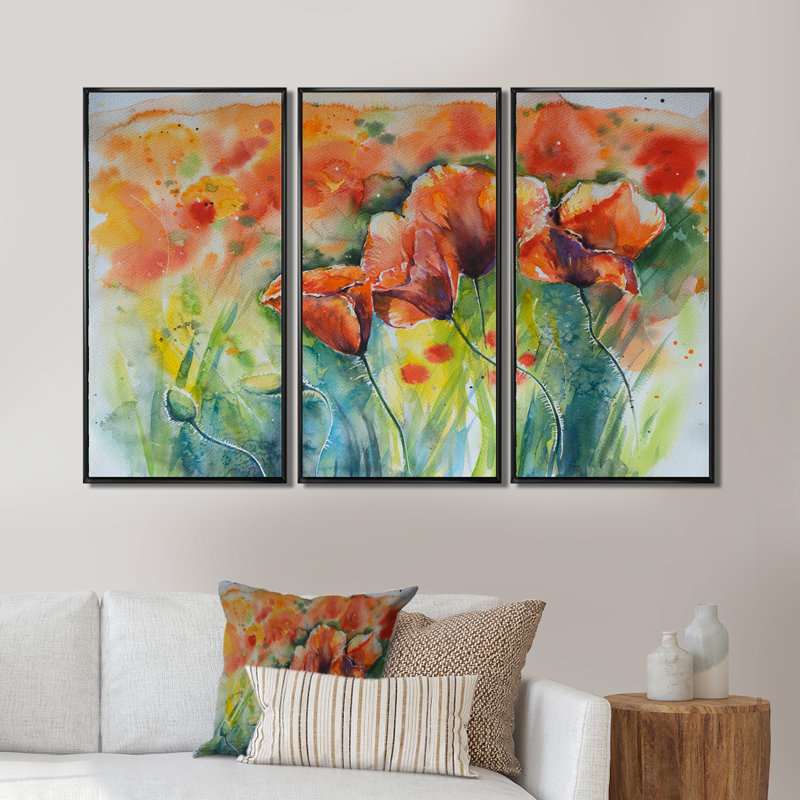 «Red Blossoming Poppies V», peinture sur toile 3 pièces, Noir, H 20 po x l 36 po