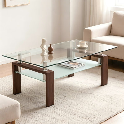 Nansi Glass Coffee Table, Living Room Table and Center table with 2-Tier Storage Shelves, Modern Design with Metal Legs