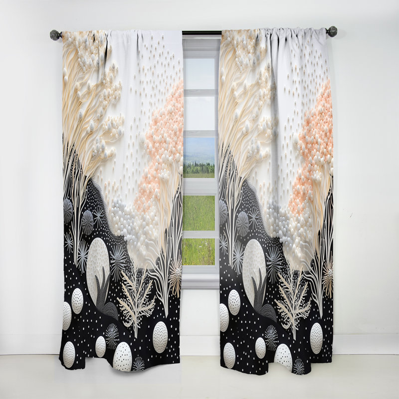 Gezana Abstract Black And White Corals Reef IV - Nautical Velvet Curtain - Room Darkening - 1 panel, 52" W x 90" L