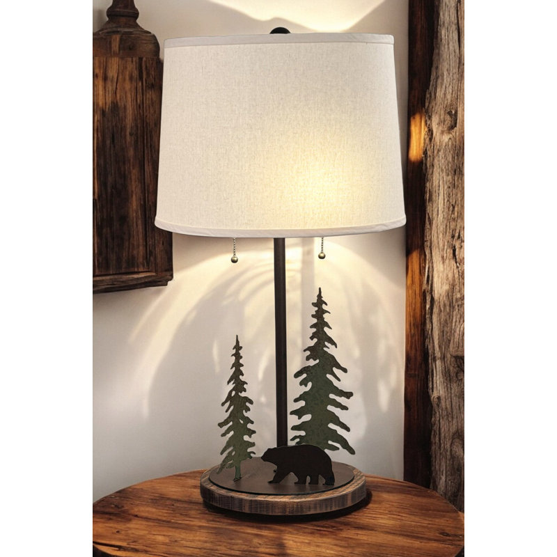 Rugged Pine Iron Bear and Tree Lamp w/ Rough Sawn Base and 2 Bulb Socket