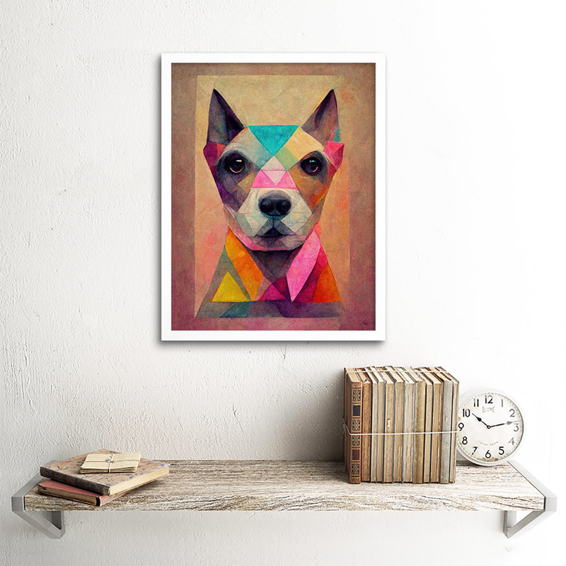 Geometric Colourful Multicoloured Pastel Dog - Single Picture Frame Print, 43cm H x 33cm W x 2cm D, White Framed Unframed