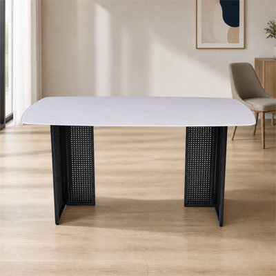 51.3 Inch Modern Rectangular Tempered Glass Dining Table, Marble‑Pattern Top with Black Hollow Metal Legs, 6‑Seat Table for Living Room & Home Office