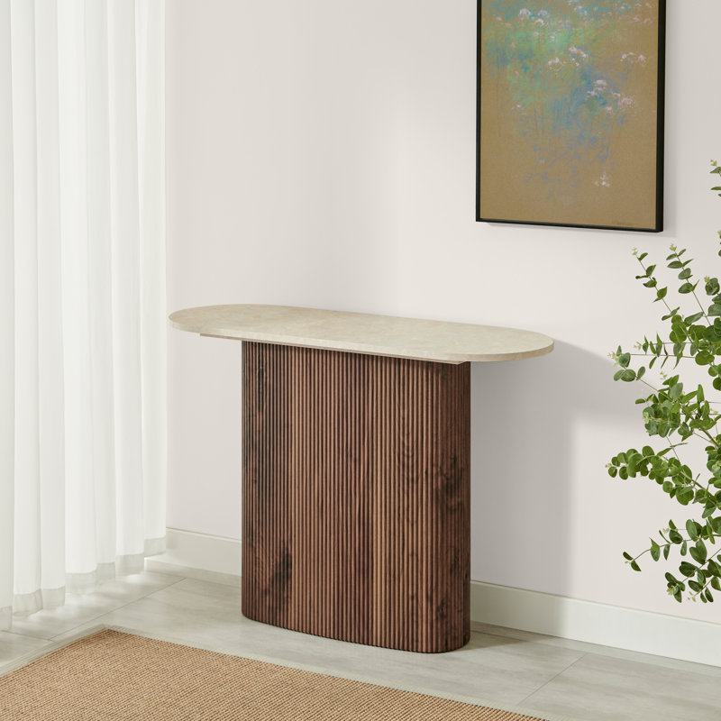 Penny Pillar Round Wood Console Table - Simple & Elegant Scandi Style, Walnut