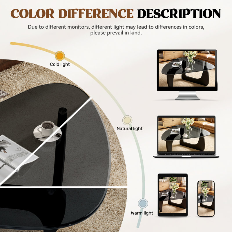 Glass Coffee Table with Solid Wood Frame, Arc Design & Rounded Safe Corners, Waterproof Heat-Resistant Easy-Clean Surface, Pet-Friendly Durable, Multiple Sizes & Colours, 10-Min Quick Assembly