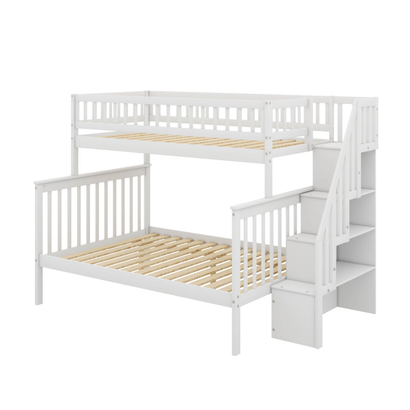 Lit simple superposé au dessus d'un lit double avec tablettes de rangement intégrées échelle et garde-corps, Blanc