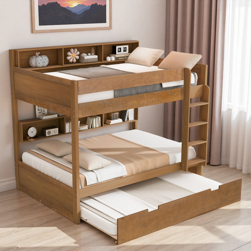 Lit superposé avec lit gigogne et rangement intégré, Simple sur simple, Bois antique