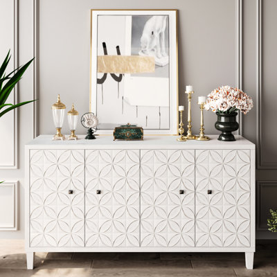 Buffet/meuble de rangement à 4 portes en bois blanchi. Parfait pour le salon, l'entrée, le corridor, le bureau, la cuisine et la salle à manger. Étagères réglables. Robuste. Montage facile.