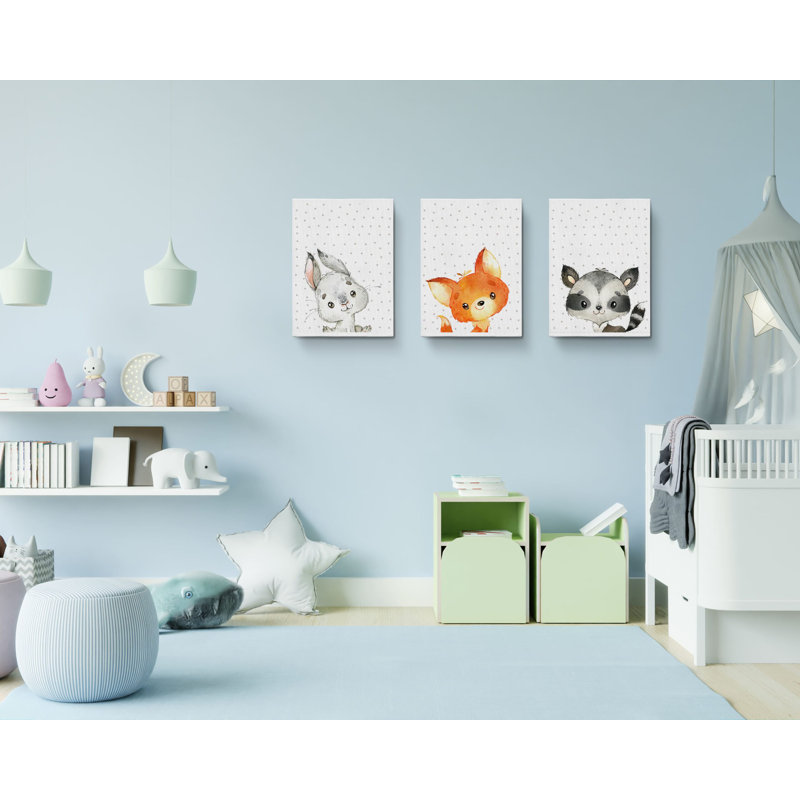 Cute Rabbit Fox Raccoon Animals " 3 - Pieces, 30" H x 60" W