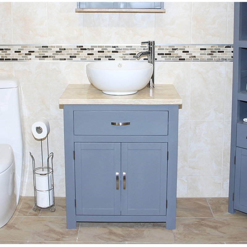 Roddy 750mm Single Bathroom Vanity with Vessel Ceramic Basin, Grey, Travertine