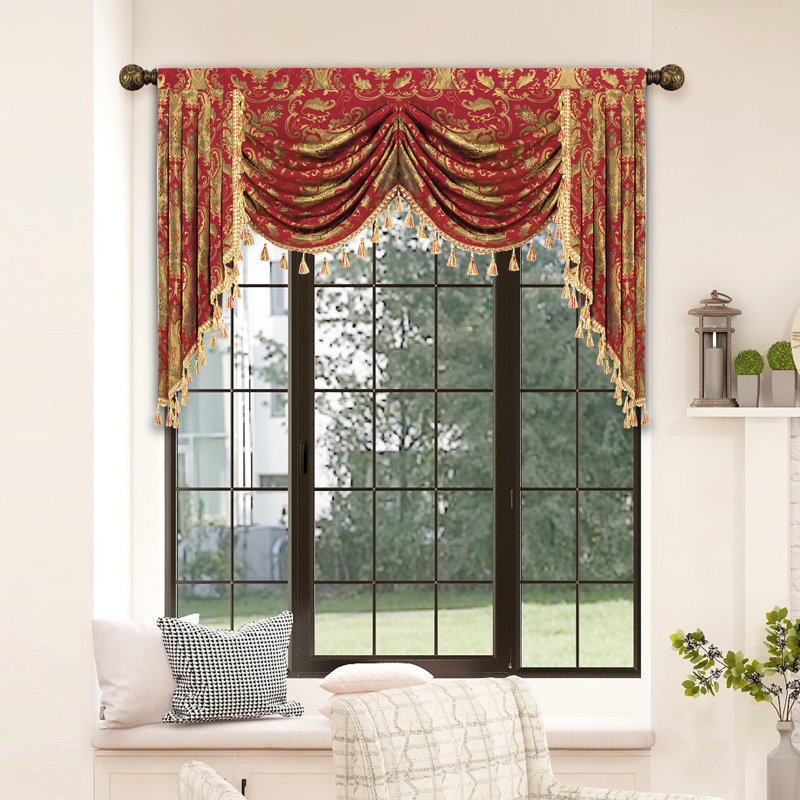 Red and Gold Damask Jacquard Swag Window Valance with Tassels