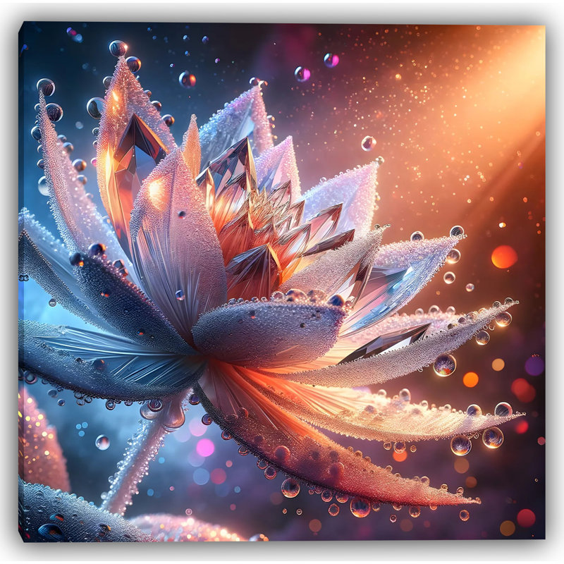 Lotus cristal futuriste avec gouttes de rosée, H 20 po x l 20 po