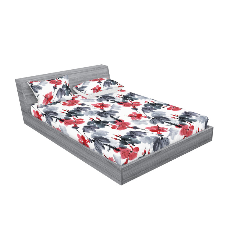 Drap-housse et taies décoratives 3 pièces Ambesonne, Rubis pâle, gris pâle / floral