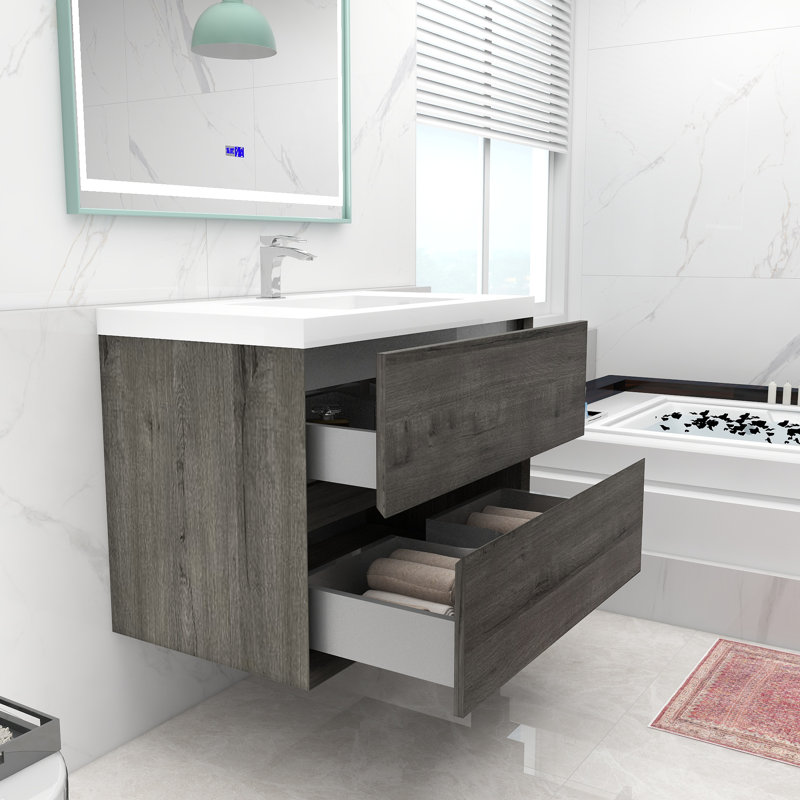Attallah 35.4'' Single Bathroom Vanity with Acrylic Top, Smoke Oak