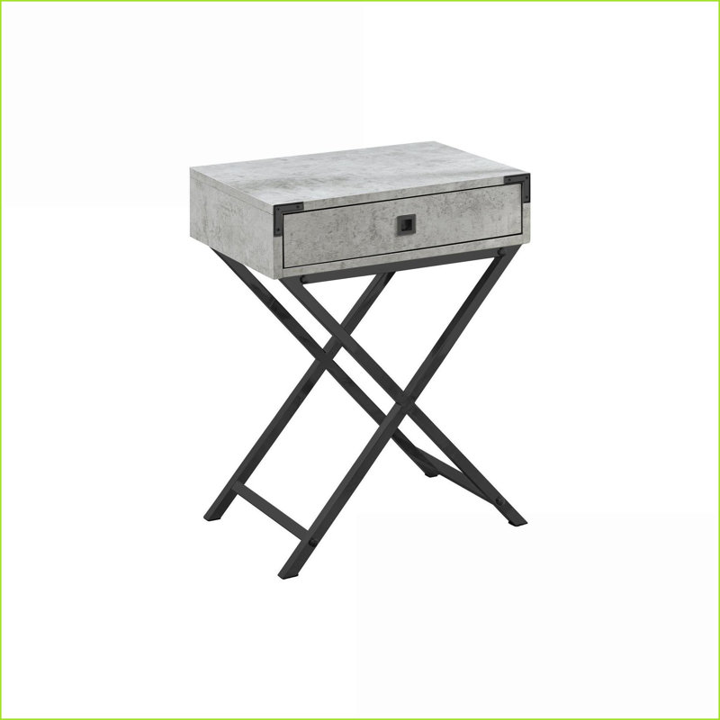 Table basse grise en stratifié d'aspect ciment avec pieds en métal noir - Tiroir de rangement peu encombrant pour le salon ou la chambre à coucher