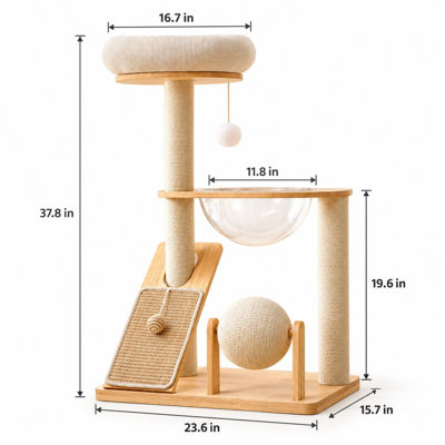 Arbre à chat en bois d'hévéa massif de 96 cm (37,8 po) avec capsule spatiale, couche supérieure et poteaux à griffer
