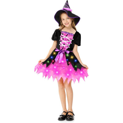 Robe de sorcière lumineuse d'Halloween avec chapeau - Costume de sorcière pour filles et enfants, ensemble de déguisement de luxe pour fête d'Halloween (Rose, L)