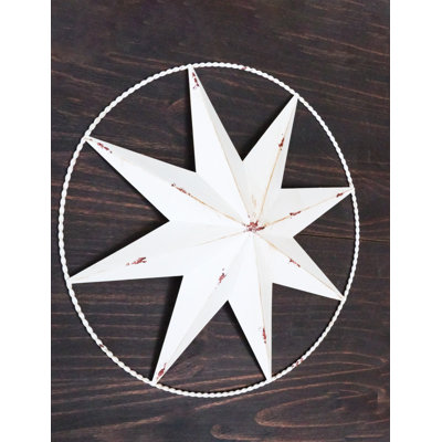 White Large 18"D Metal Vintage Rustic Western 8 Pointed Star Circle Wall Décor