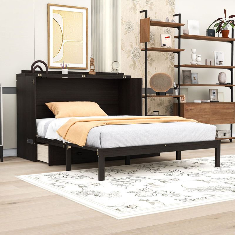 Grand lit escamotable en bois avec tiroir de rangement et ports USB, Espresso