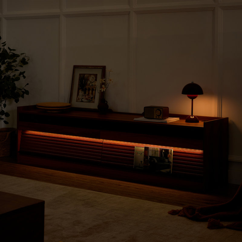  Meuble télé moderne avec 4 tiroirs, verre trempé, ports de charge et éclairage ambiant, grand espace de rangement, naturel