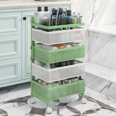 Kitchen Fruit Basket,4 Tier-Square,Rotating Storage Cart, Bathroom Shelf No Assembly,Storage Drawer Cart,(Green White) by Latitude Run