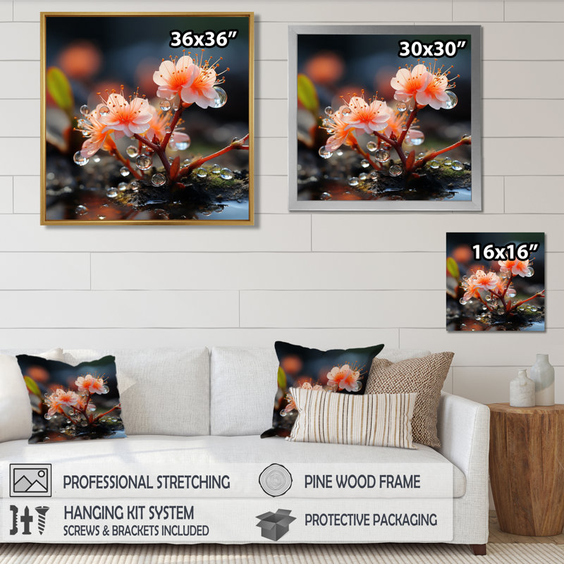 Fleur de pommier en fleurs matin rosée - fleur de pommier, art mural, Toile avec cadre flottant brun