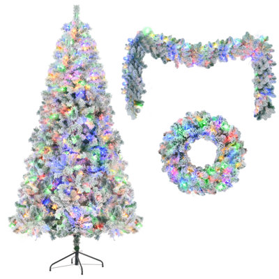Arbre de Noël enneigé 6 pi avec guirlande et guirlande, lumières DEL colorées, 8 modes d'éclairage, pommes de pin, décoration de Noël pour la maison