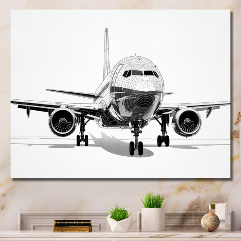 Black & White Plane Graphic Elevation - Transportation Canvas Art Print, H 12 po x l 20 po x P 1 po, Toile tendue