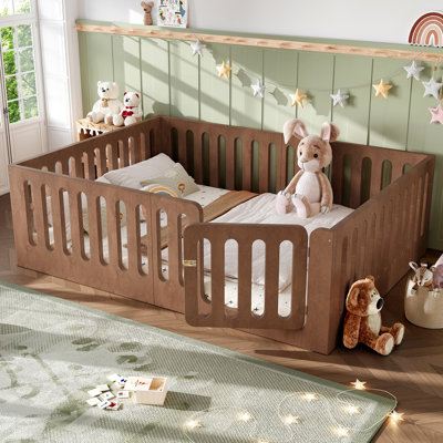 Lit grand format avec clôture haute, lit Montessori en bois massif avec porte, profil bas, aucun sommier requis, naturel profond