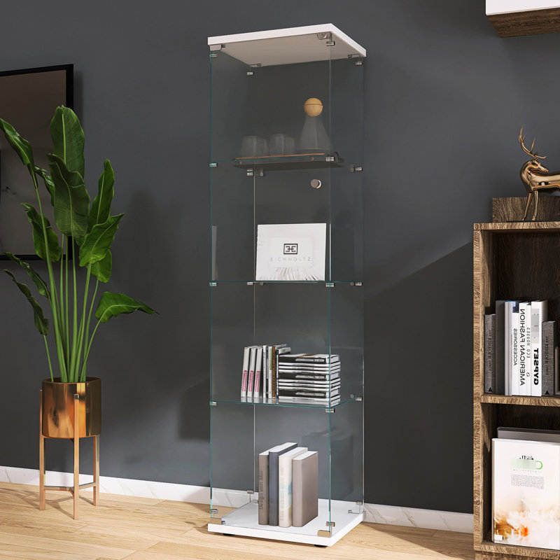Présentoir lumineux en verre à 4 tablettes, blanc - pour collectionner des objets