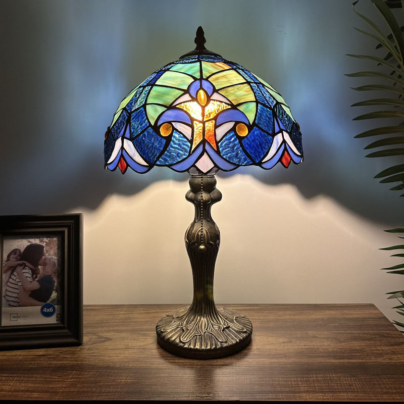 Nioclas Blue and Green Stained Glass Table Lamp with Bronze Base