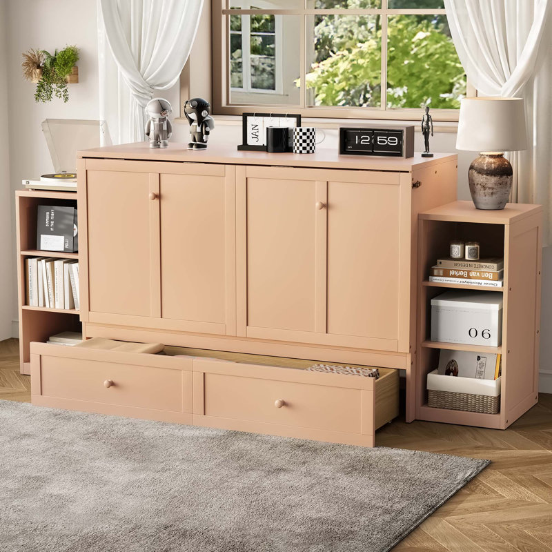 Grand lit escamotable avec tiroirs et tablettes de rangement spacieux, armoire murale peu encombrante pour chambre d'amis, bureau à domicile ou petit appartement, design minimaliste, aucun sommier tapissier nécessaire