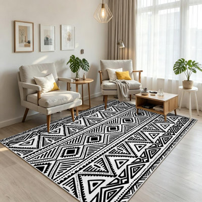 White Machine Washable,Ethnic Black and African Native Indoor Area Rug