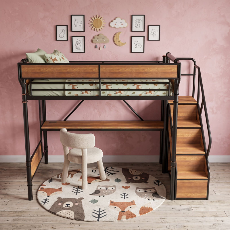 Lit mezzanine double en métal avec bureau d'étude multifonctionnel et escalier de rangement, Noir