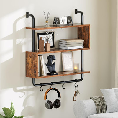 Tablettes flottantes avec lumières DEL, tablette de jeu murale à DEL de 29,5 po, support à 3 niveaux avec tige de suspension et 4 crochets en S, pour le salon, la chambre à coucher, brun rustique et noir BF21DBJ01