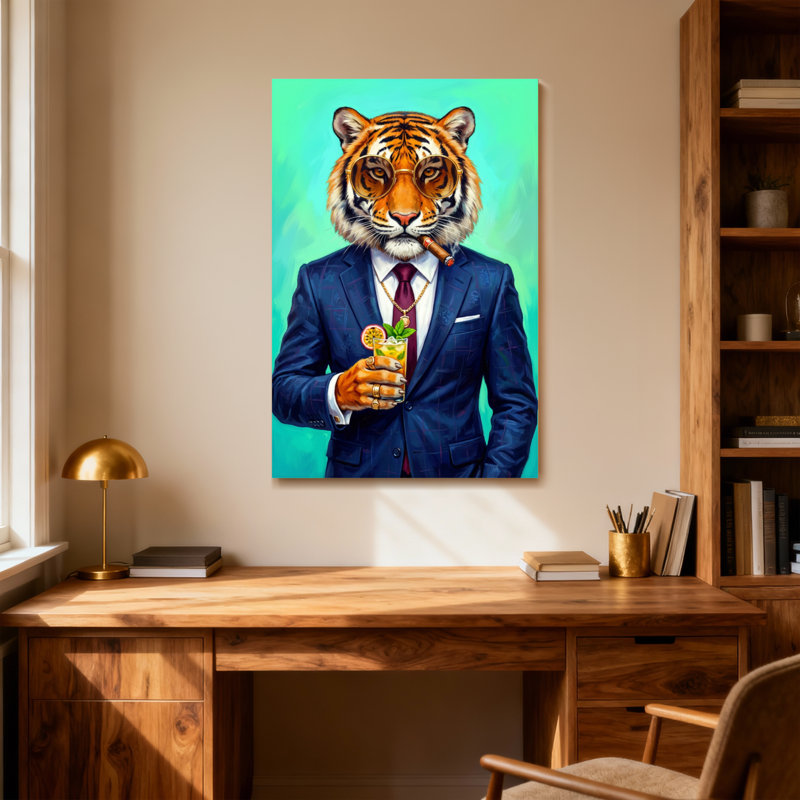 Animaux, tigre en costume avec cocktail et cigare, H 40 po x l 28 po