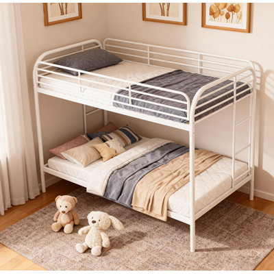Lit superposé en métal simple au-dessus de simple, lits superposés robustes avec 2 échelles et garde-corps pleine longueur, aucun sommier requis, assemblage facile, blanc
