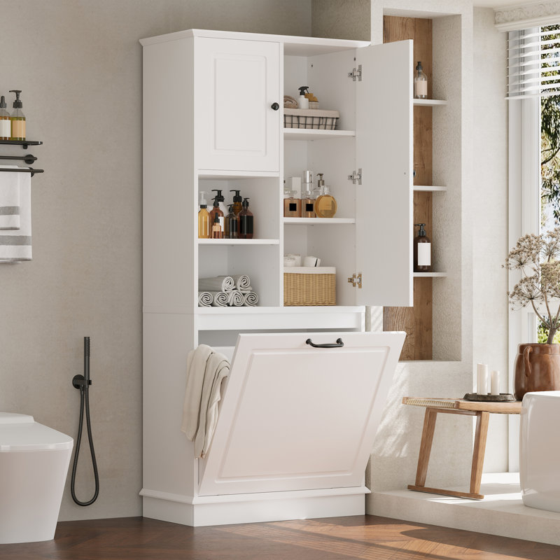 White Tall Storage Cabinet With Adjustable Shelves, Large Flip-out Basket & Enclosed Cabinets, White