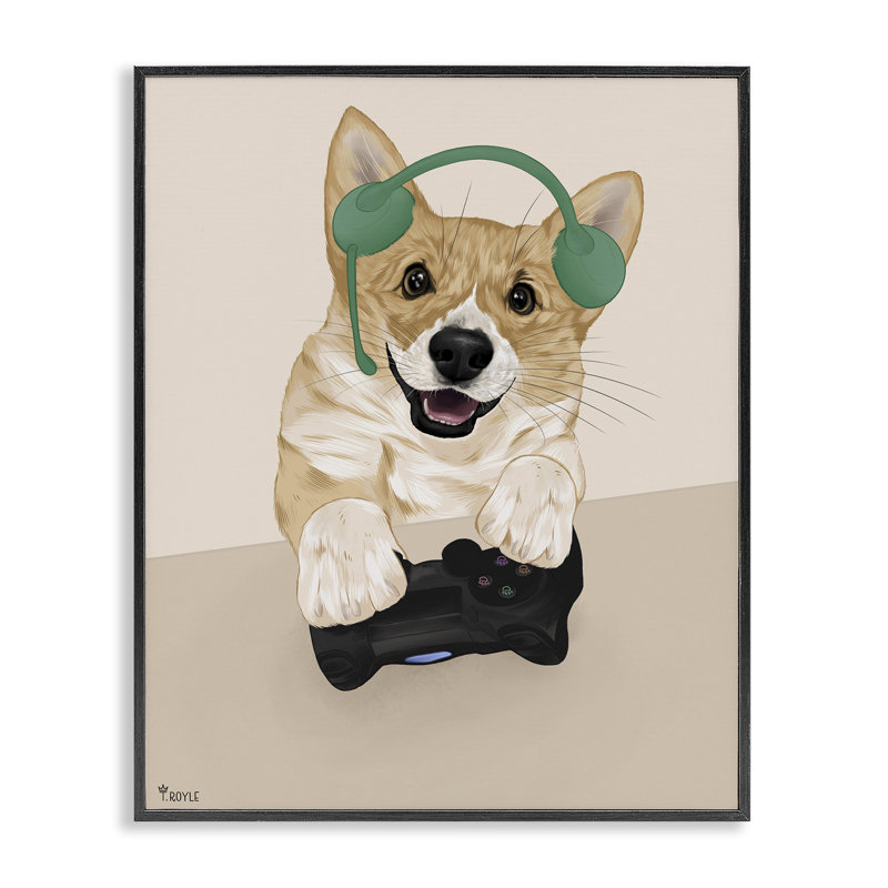 «Happy Gamer Dog», art de la giclée encadrée par Tara Royle, Giclée encadrée noir minuit, H 14 po x l 11 po