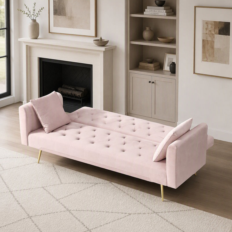 Canapé convertible de 71 pouces en velours rose rétro American, parfait pour les petits espaces et polyvalent