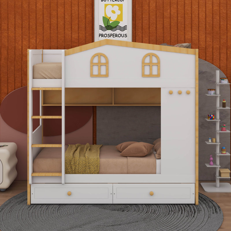 Lit superposé avec garde-corps et tiroirs en forme de maison, lit superposé en bois avec tablettes de rangement