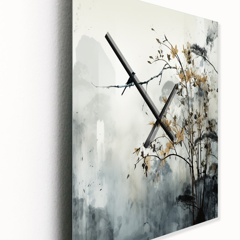 Asian Art Sumi Bird Serenity XVII - Horloge murale asiatique moderne, H 28 po x l 12 po x P 1 po