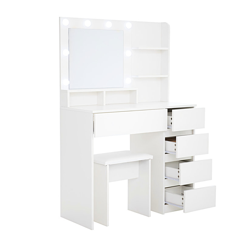 Coiffeuse de maquillage avec miroir, 3 luminaires, 4 tiroirs, rangement suffisant, luminosité réglable blanche, espace spacieux