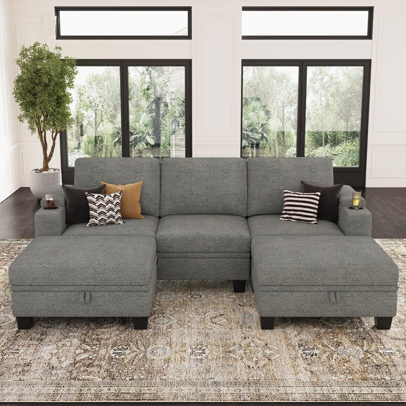Canapé de rangement en chenille avec porte-gobelets, Gris