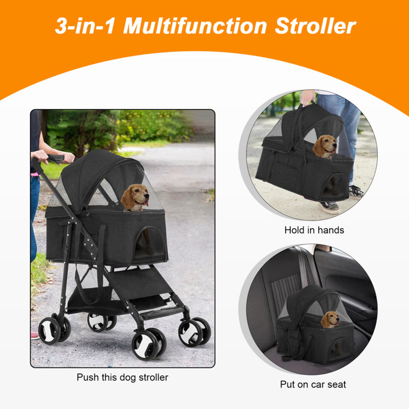 Black Foldable Stainless Steel Pet Stroller with Detachable Carrier