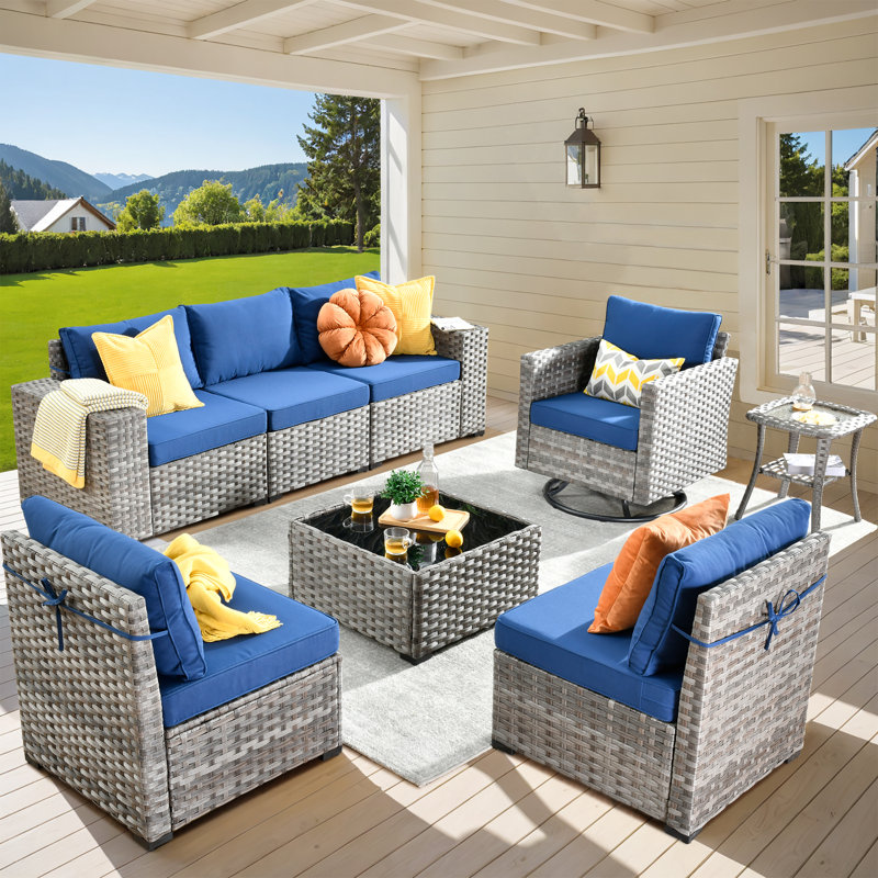 6-Person All-Weather Wicker Outdoor Sectional With Cushions,Swivel Rocker, Navy