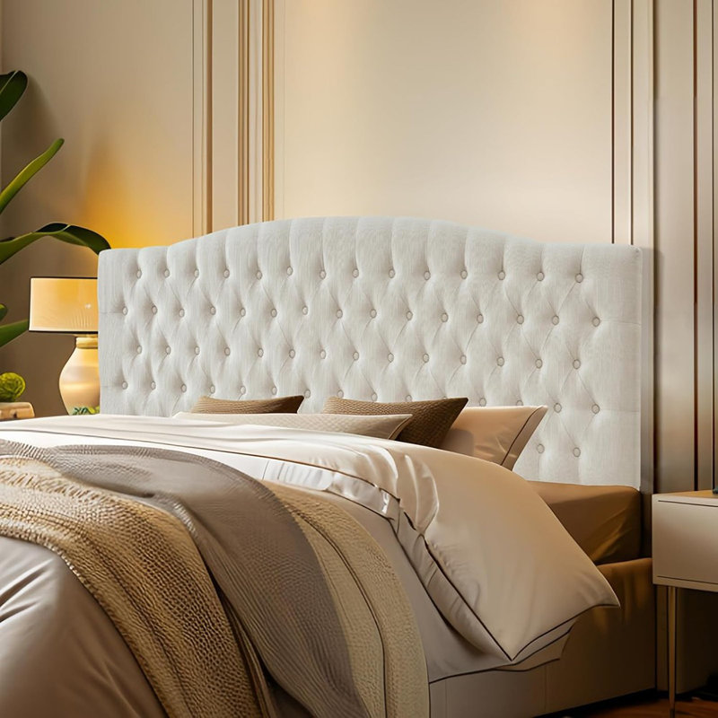 Ivory Linen Upholstered King/Cal King Headboard – Wall Mount Or Bed Frame Mount, High-Density Sponge Padding, Modern Luxury Design