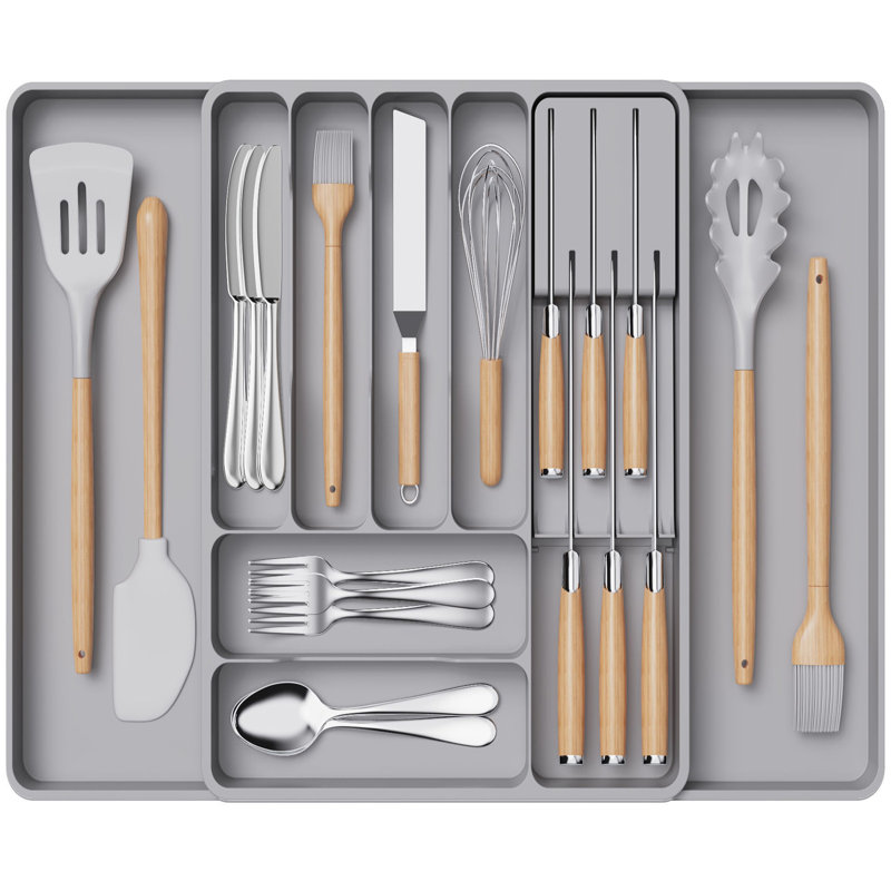 Rangement à ustensiles pour tiroirs de cuisine, plateau à ustensiles extensible avec porte-couteaux amovible, porte-couverts et couverts réglables, séparateur de fourchettes à cuillère en plastique, grand, noir