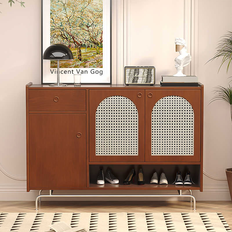 Simple Solid Wood and Rattan Shoe Cabinet for Home Use