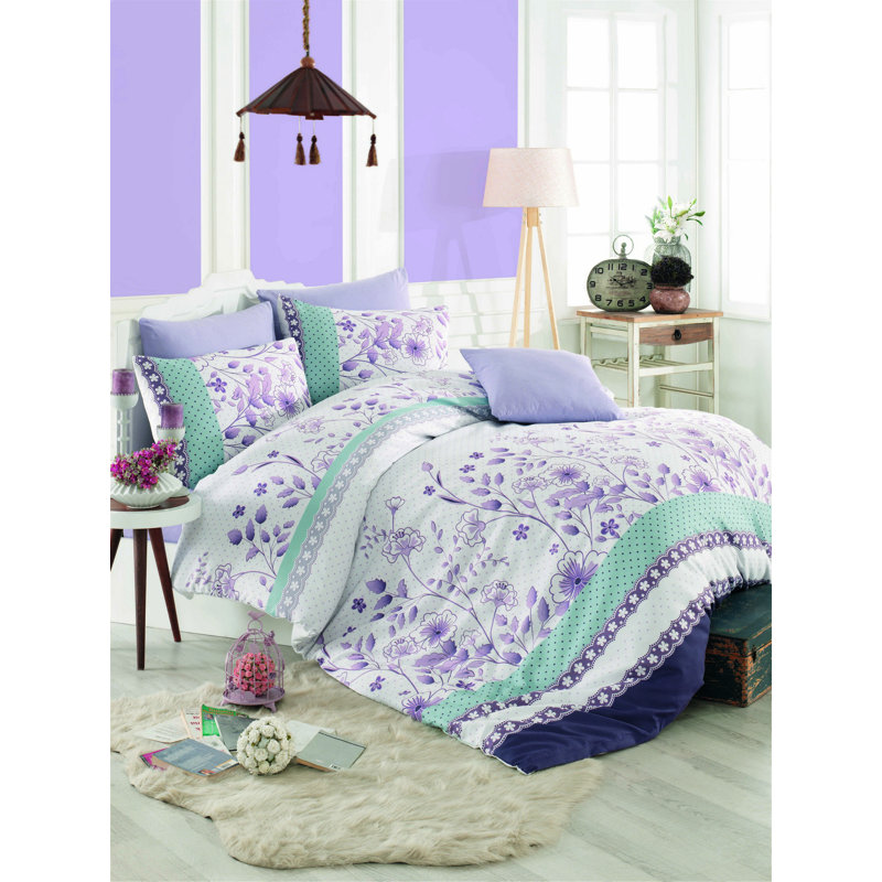 Ensemble de housse de couette 100% coton vert / blanc / mauve Mcgill, Housse de couette double + 2 taies d'oreiller stan